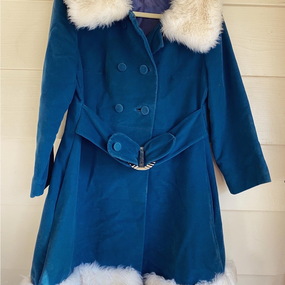 Vintage 60s Country Pacer Blue Velvet and Faux Fur Trim Belted Coat size medium